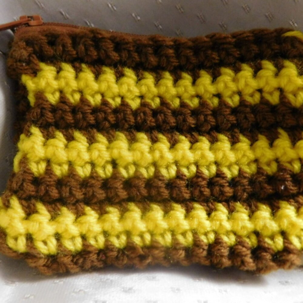 New Brown and Yellow crocheted change purse with zipper and key ring